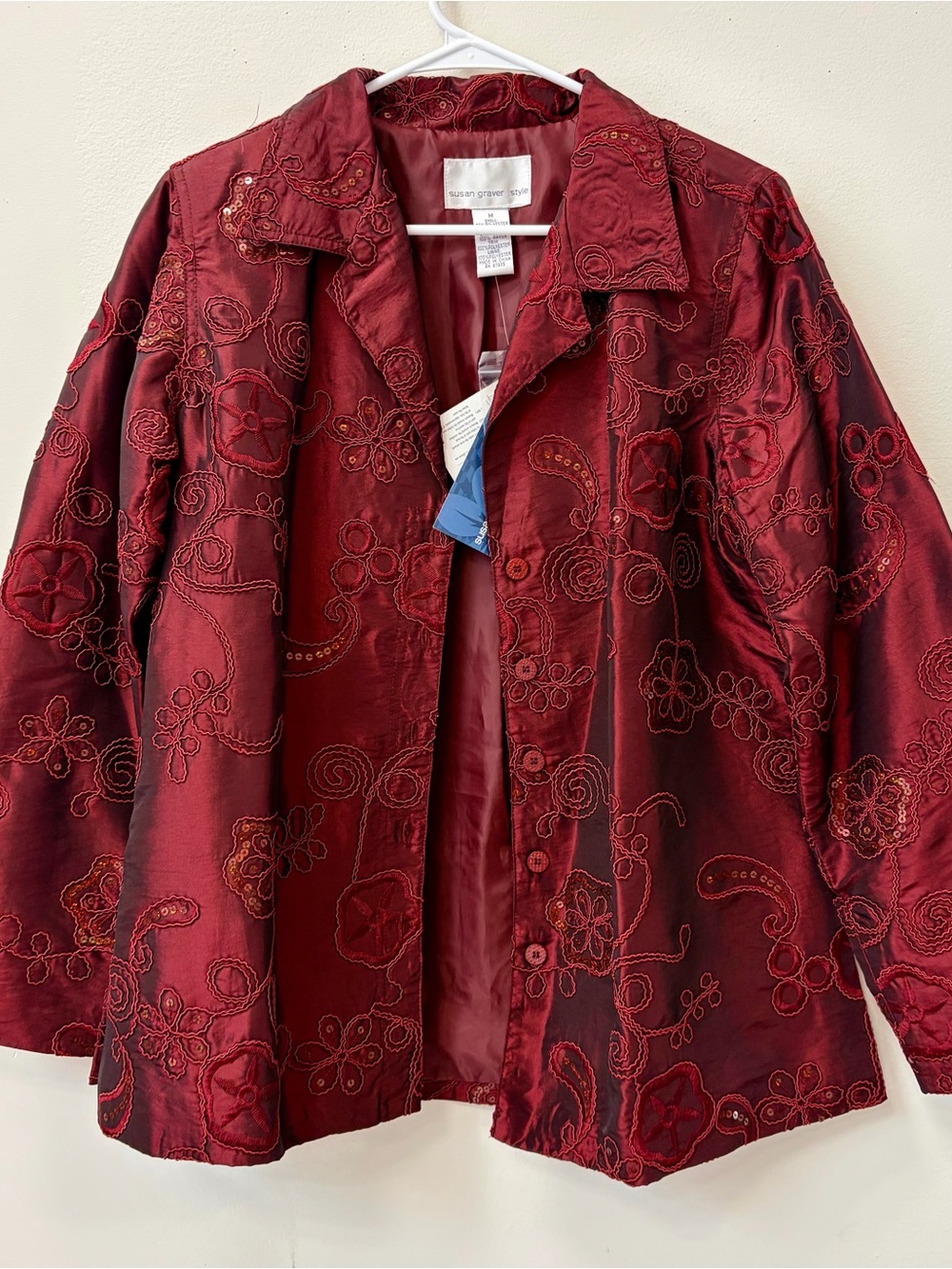 Vintage Embroidered Sequin Wine Red Button-Front Jacket
